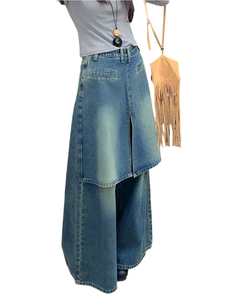 Fake 2 Pcs High Waist Straight Wide Leg Denim Pants