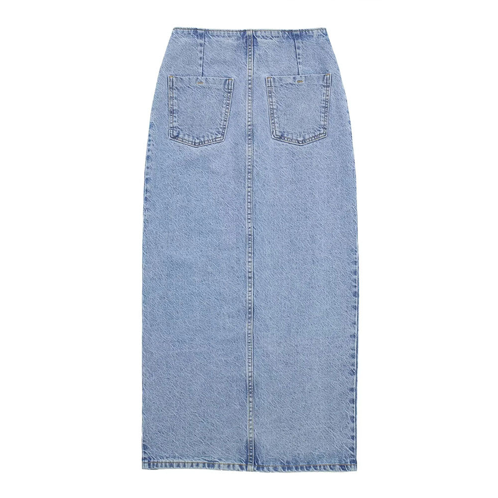 Front Split Back Pocket Denim Long  Skirt
