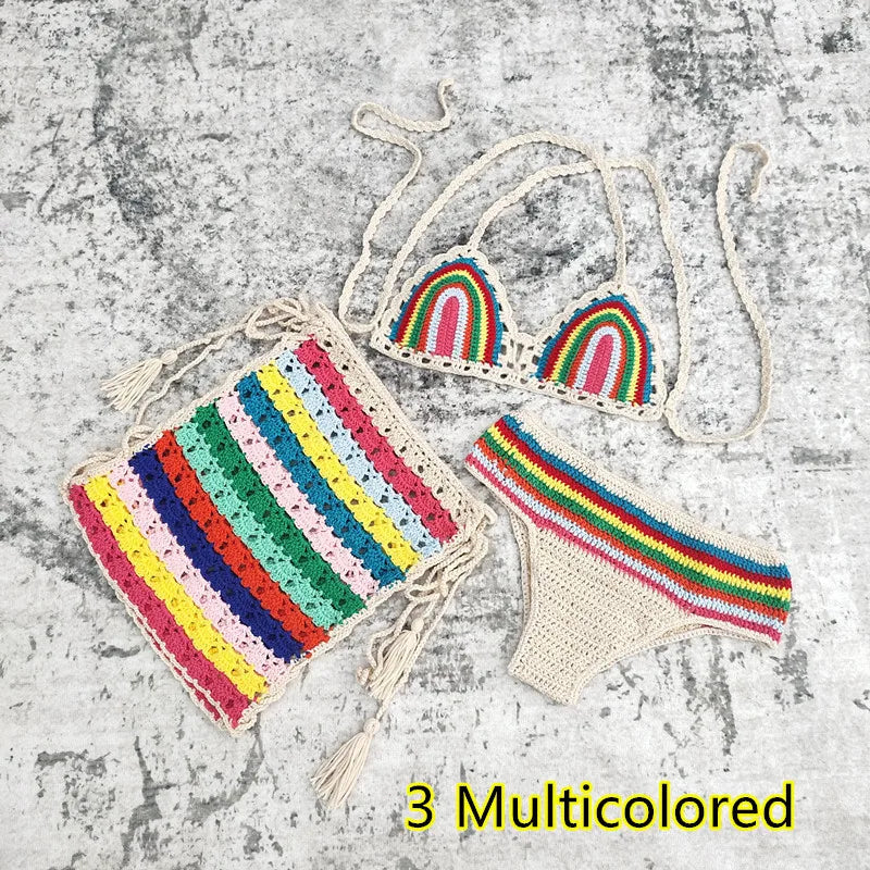 Handmade Crochet Rainbow 3PCS/SET  Bikini Set