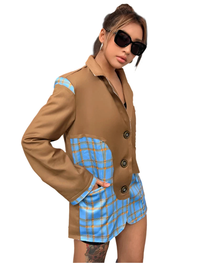 Plaid Long Sleeve Patchwork Chain Loose Blazer