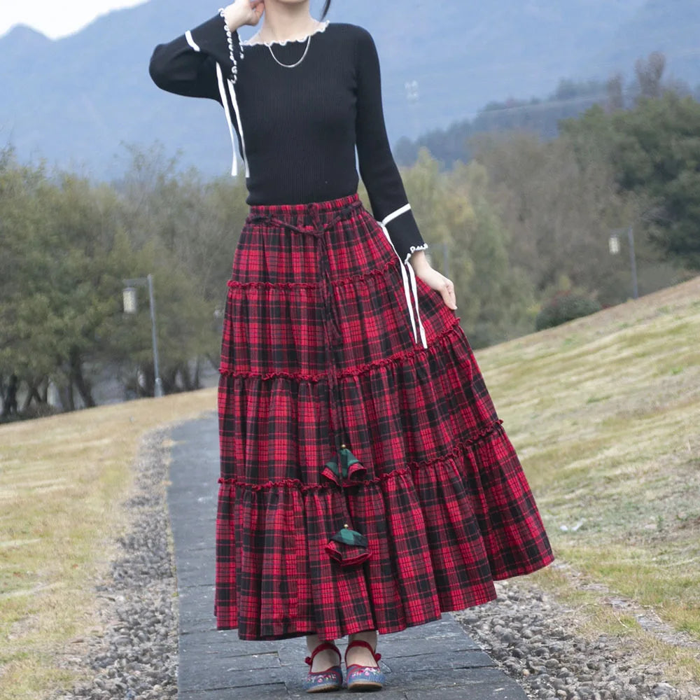 Cotton Skirts Plaid A-line Elastic Waist Irregular Skirt