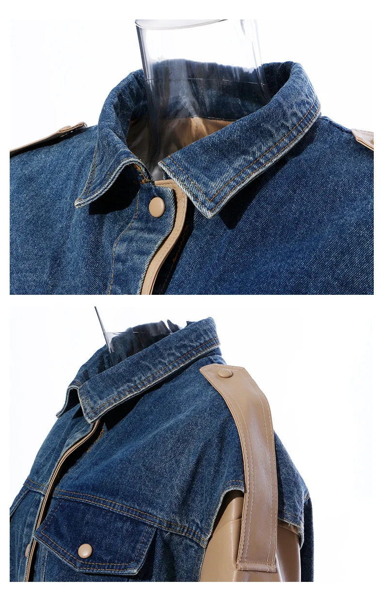 DEA Single Buttoned Long Sleeve Denim PU Leather Jacket