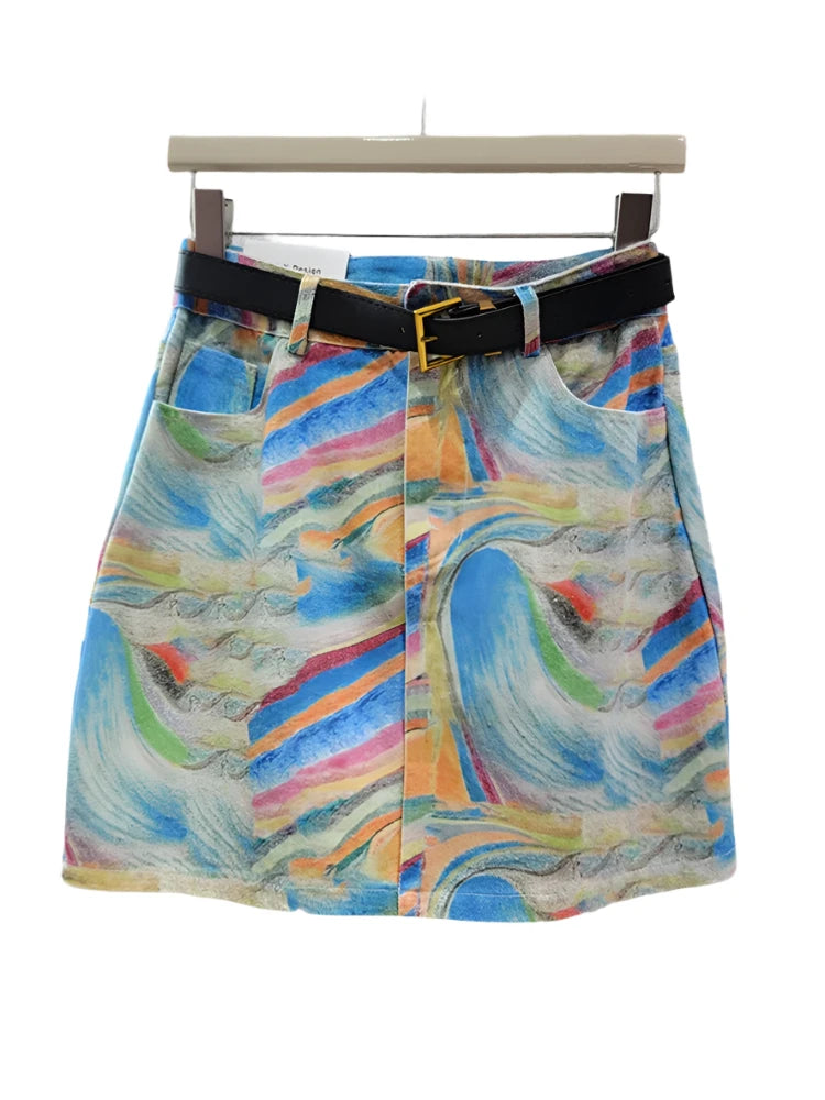 Denim Colorful Printed A-line Mini Skirt