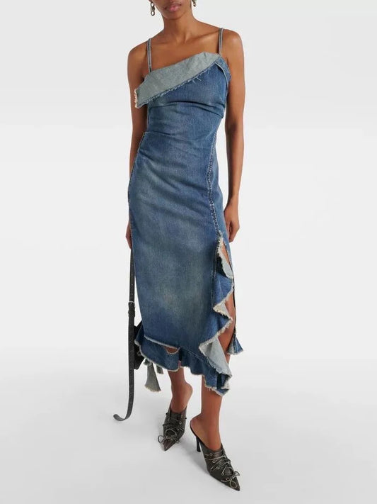 Denim Irregular Ruffled Backless Halter Dress