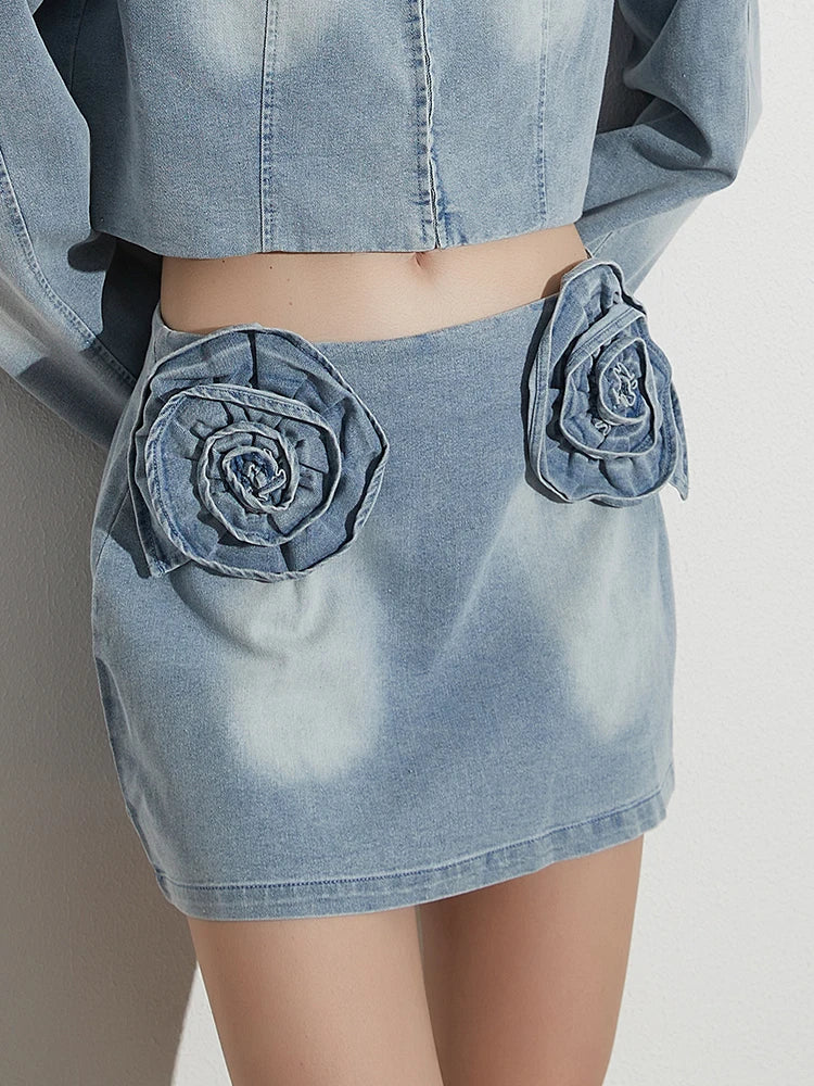 Rose Appliques Mini Denim Skirt