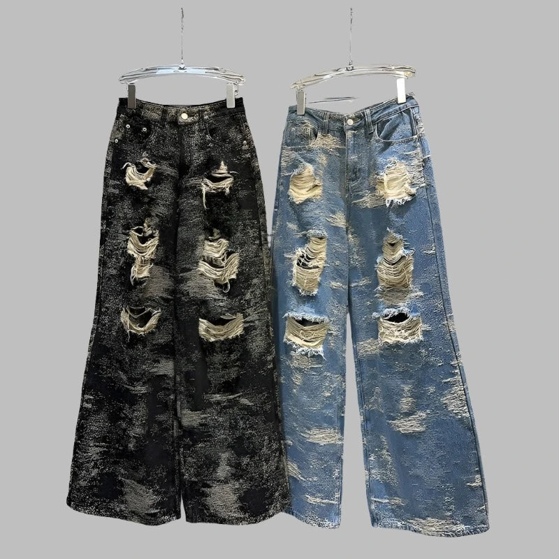 High Waist Broken Holes Distressed Wide Leg Denim Pants