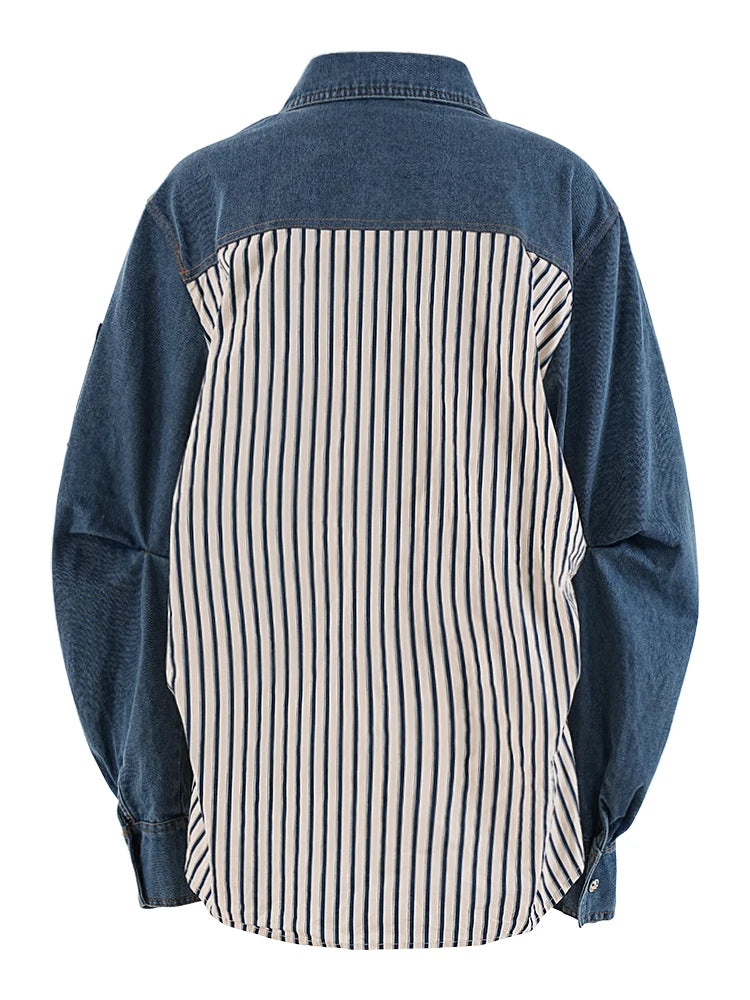 Stripe Denim Shoulder Zipper Shirts