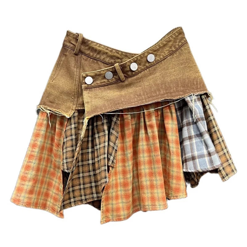 Denim Asymmetrical Patchwork Plaid Mini Skirt