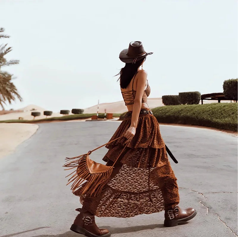 Boho Brown Lace Multilayer Ruffles Asymmetrical Hem Skirt