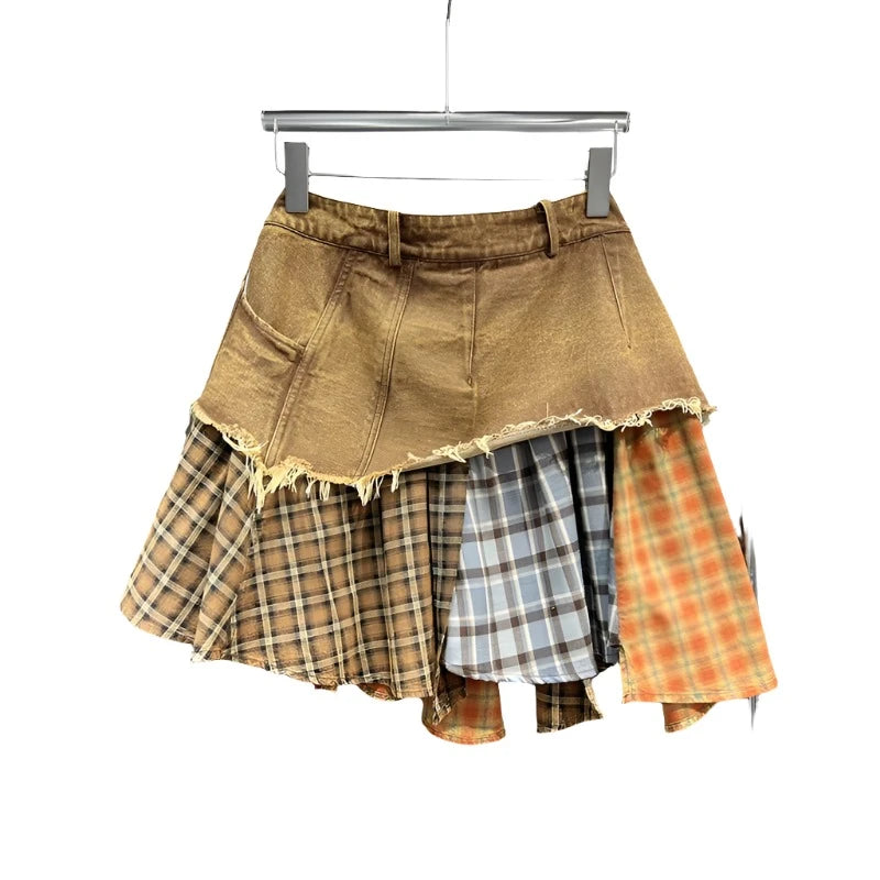 Denim Asymmetrical Patchwork Plaid Mini Skirt