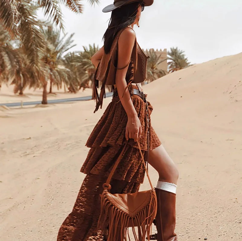 Boho Brown Lace Multilayer Ruffles Asymmetrical Hem Skirt