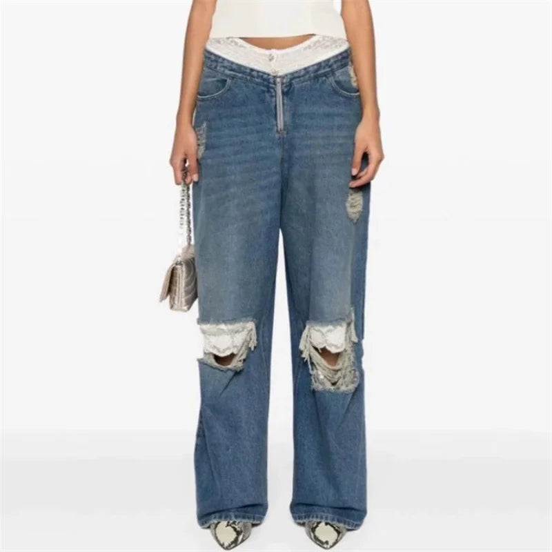 Cotton Distressed Low waisted Wide Leg Pants