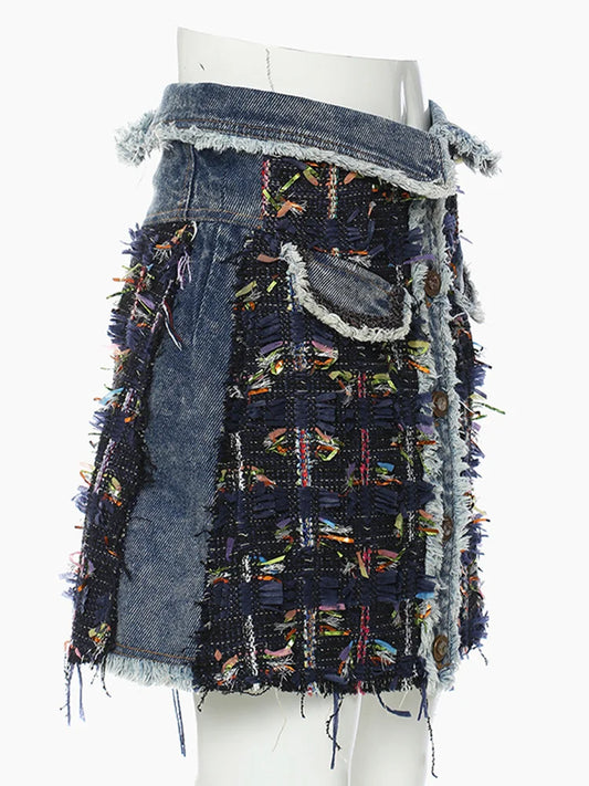 Blue Denim Ribbon Tassels Tweed Mini  Skirt