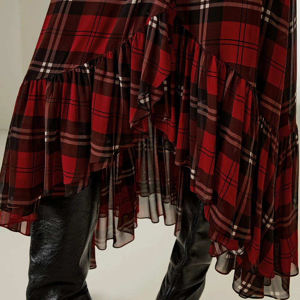 Silk Pleated Ruffle Hem Plaid Scottish Skirt