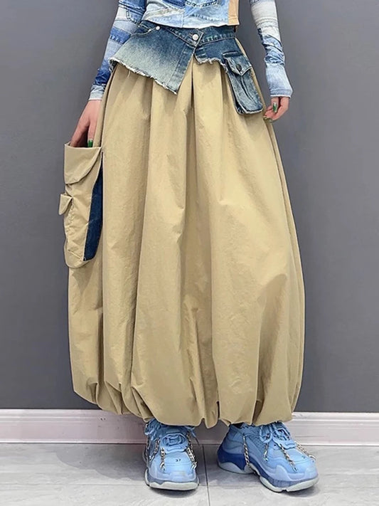 High Elastic Waist Apricot Denim A-line Skirt