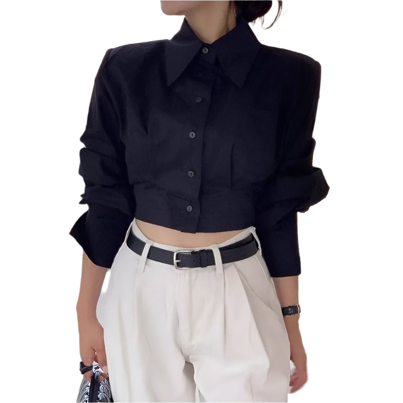 Cropped Turn-down Collar Long Sleeve Blouse