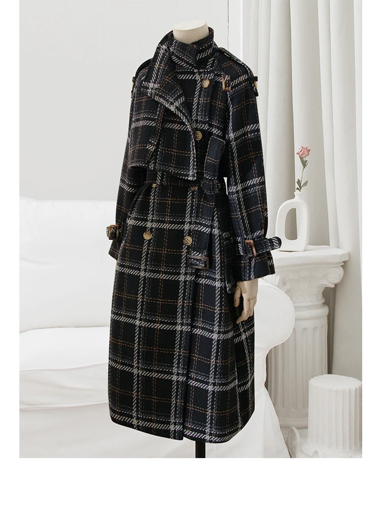 Long Plaid Wool Raglan Sleeve Belt Double Breasted Trench