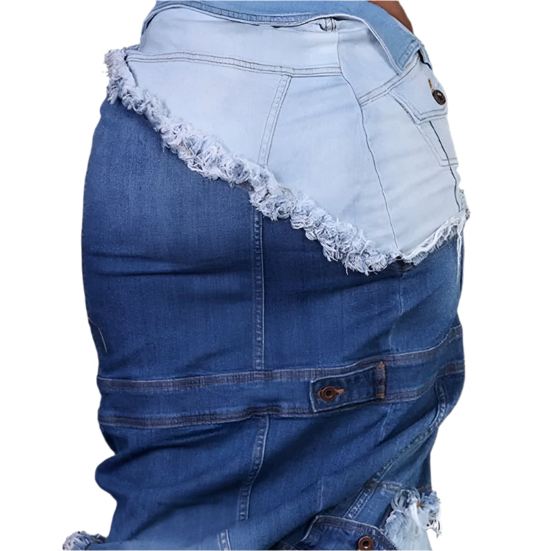 Multi Button Design Denim Patchwork High Waist Single Breasted Skirt