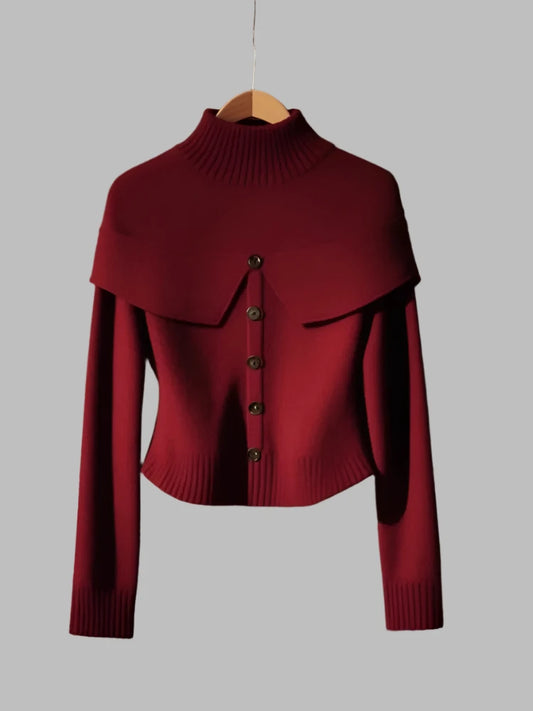 Caped Wine Red Knitted Sweater