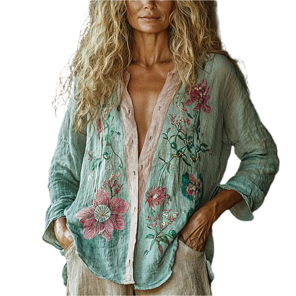 Floral Printed V-Neck Long Sleeve Bohemian Blouse