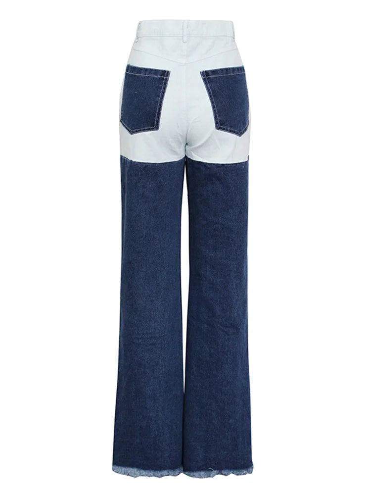 Cut Out Colorblock Straight Denim Long Pants