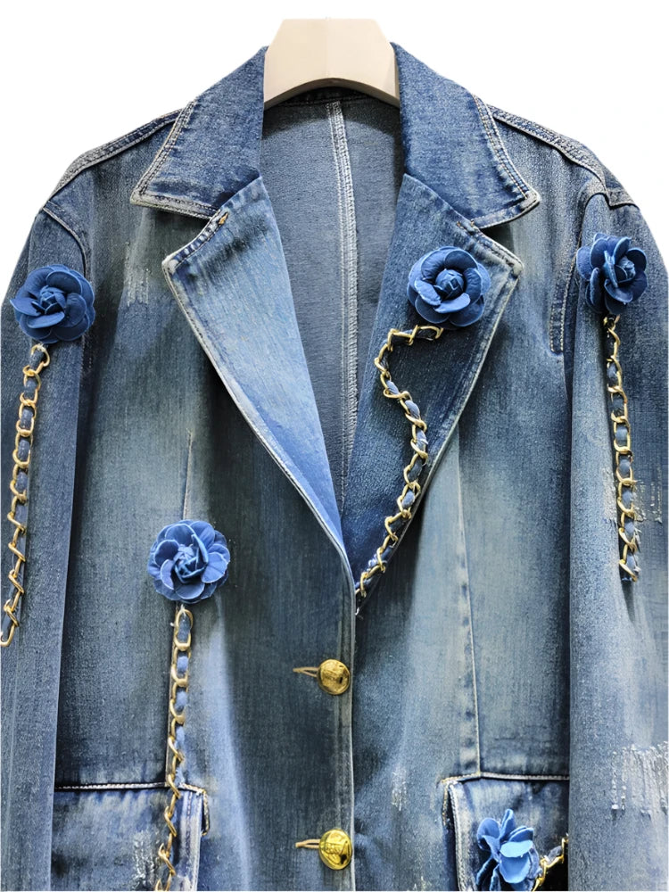 Denim Patchwork Flower Gold Chains Blazer