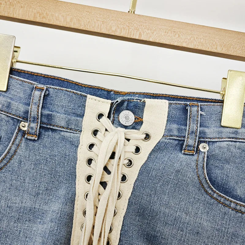 Denim Blue High Waist Cross Rope Holes Shorts