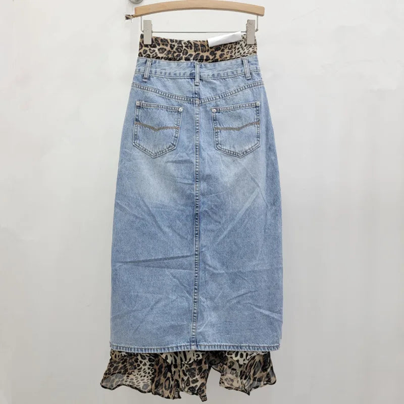 Leopard Gauze Patchwork A-line Denim Skirt