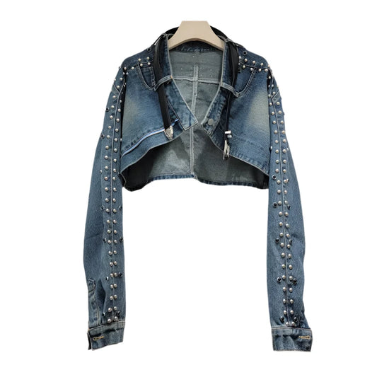 V-neck Leather Belt Short Denim Rivet Pearls Crop Jacket