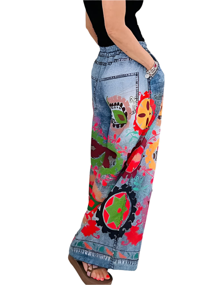 Drawstring Printing Patchwork Trousers