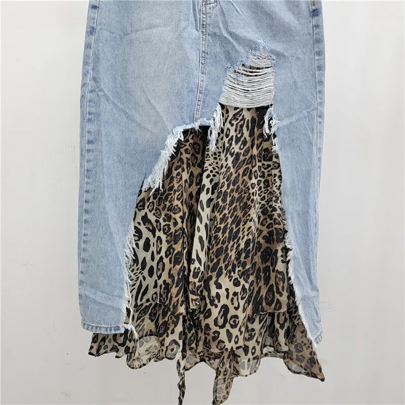 Leopard Gauze Patchwork A-line Denim Skirt