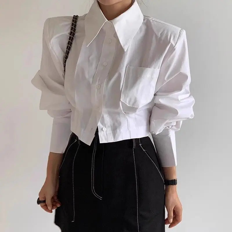 Cropped Turn-down Collar Long Sleeve Blouse