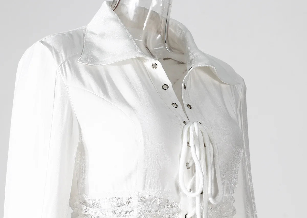 Flare Sleeves Translucent Lace-up Slim Blouse