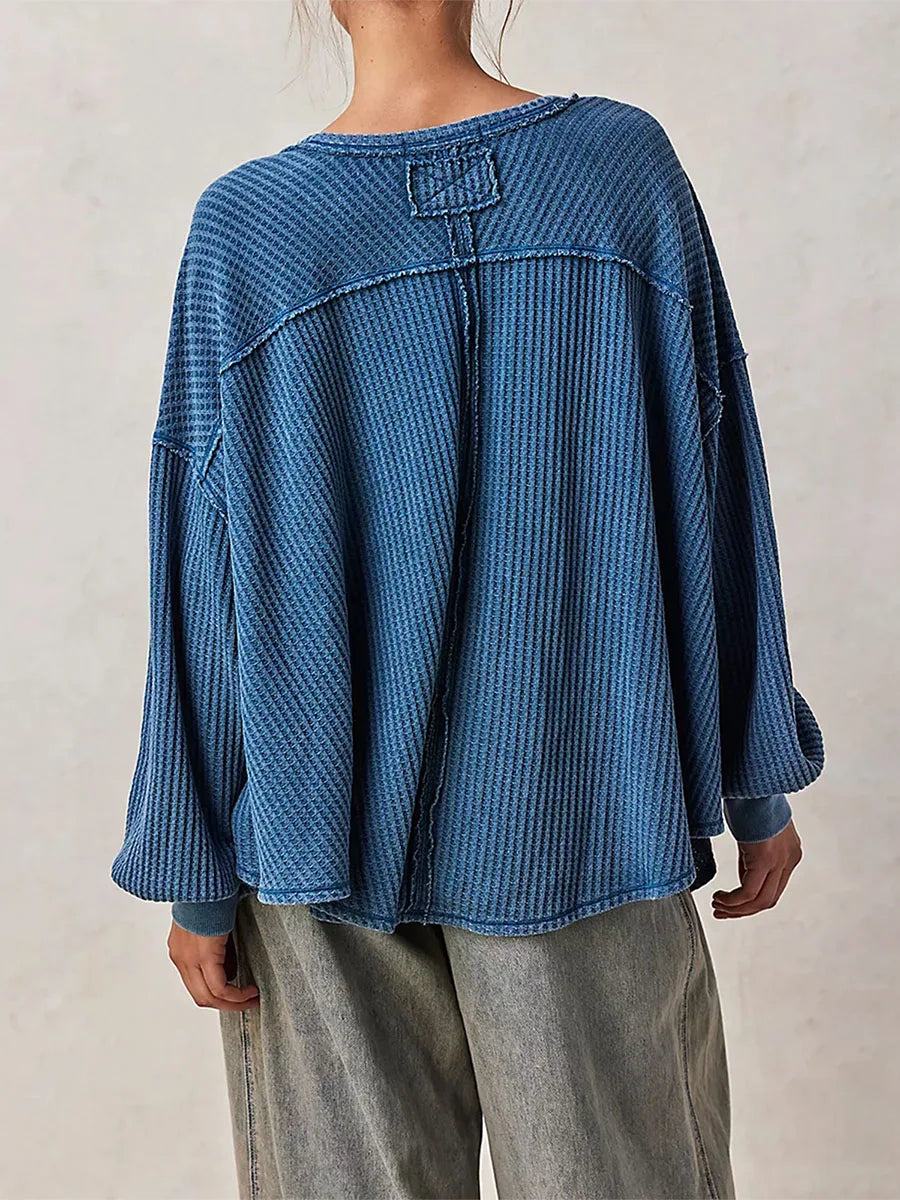 Dropped Shoulders V-Neck Waffle Pullover Shirt