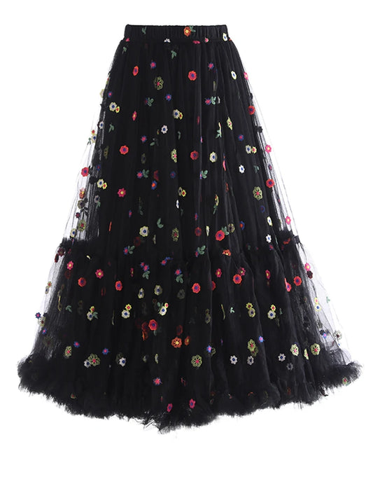 Black Flower Dot Mesh Long A-line Skirt