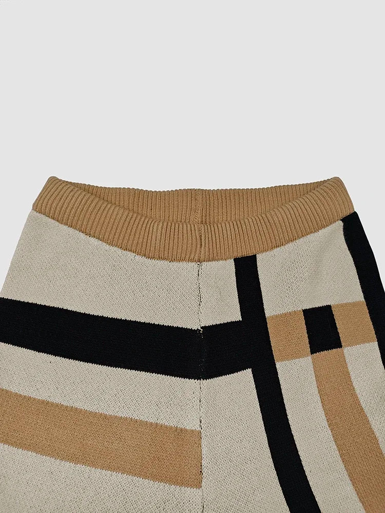 2 Piece Round-Neck Pullover Khaki Sweater Striped Wide Leg Pants