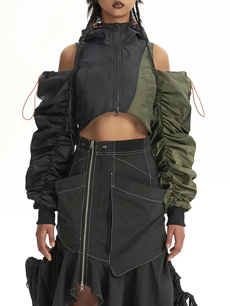 Hooded Off The Shoulder Drawstring Contrast Midriff Jacket
