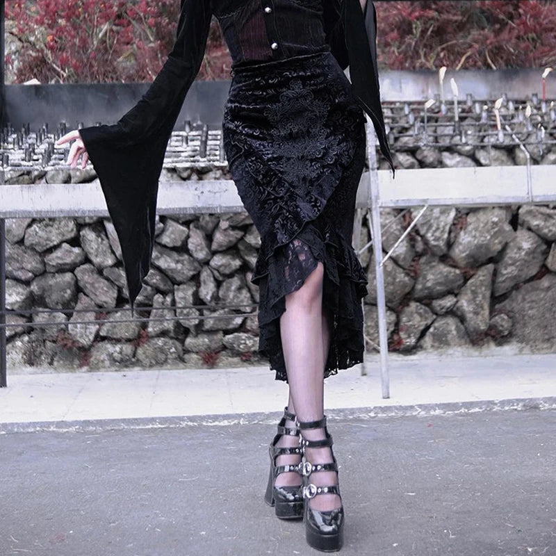 Gothic Ruffle Mermaid Lace Hem Skirt