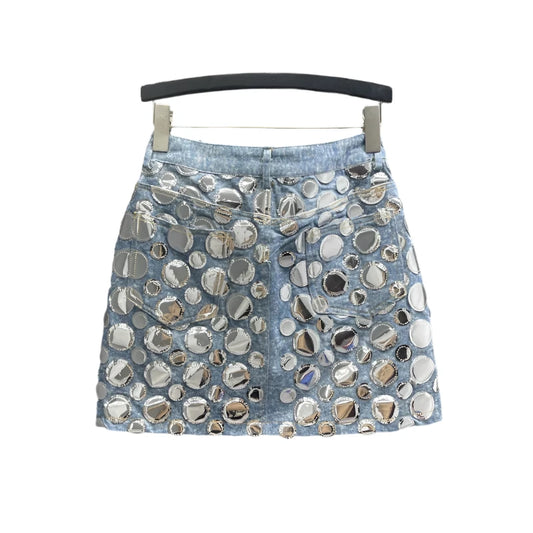 Denim Circular Sequin Patchwork Short Miniskirt