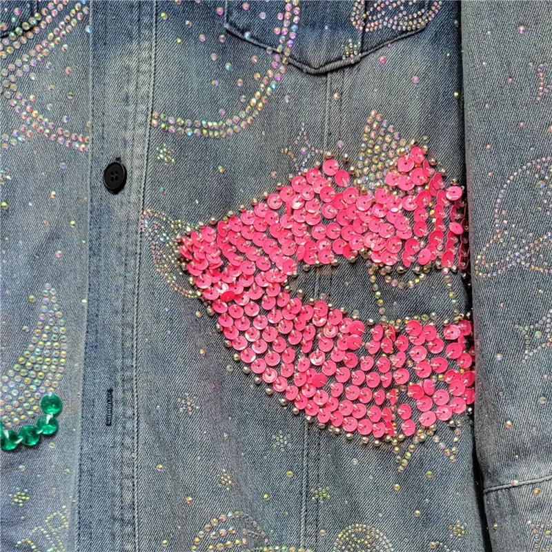 Diamond Embroidery Beaded Denim Shirt