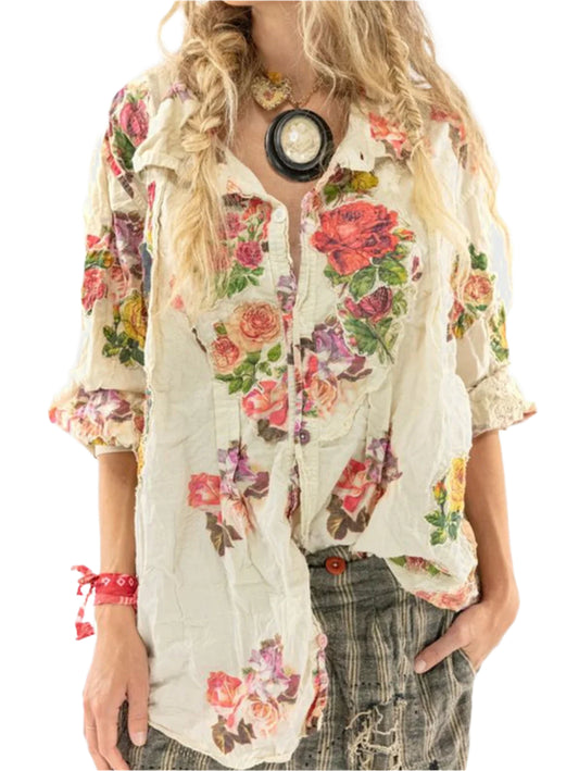 Floral Turn-down Collar Long Sleeve Loose Blouse