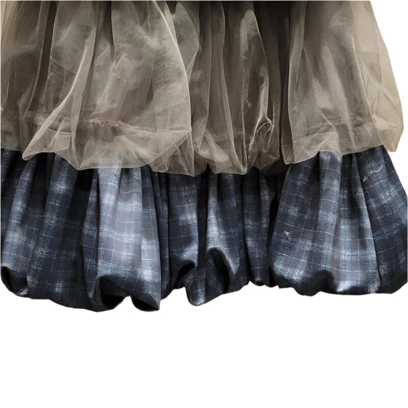 Elastic Waist Blue Plaid Patchwork Mesh Multi Layered Cake Skirt