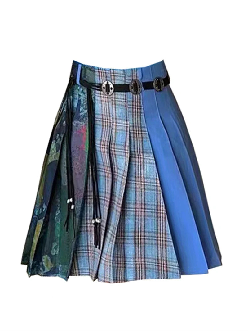 Blue Plaid Pleated Skirt