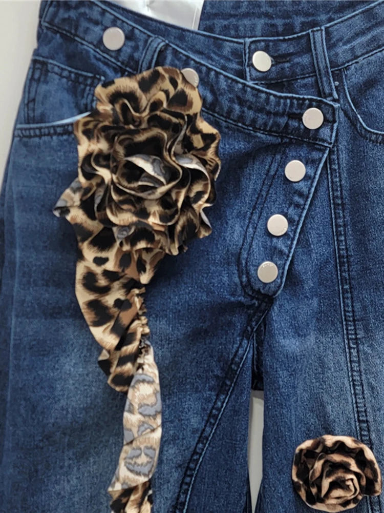 3d Leopard Flowers Diagonal Buttons Wide Leg Denim Pants