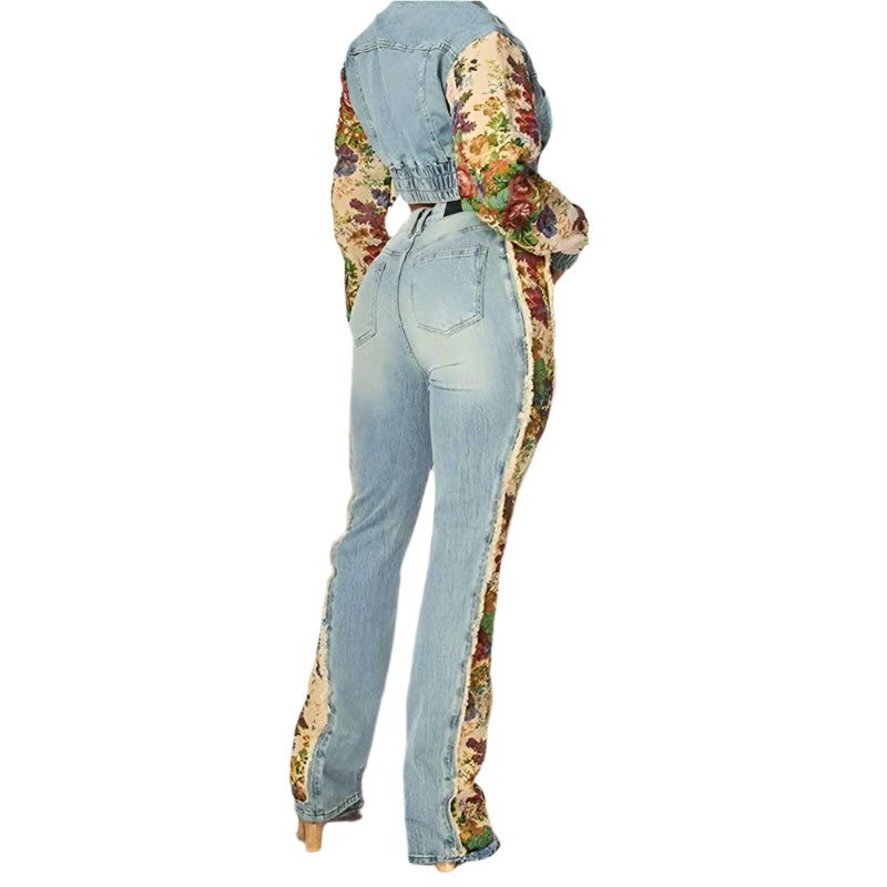 Two-piece Set  Print Patchwork Denim Coat High Waist Long Jeans