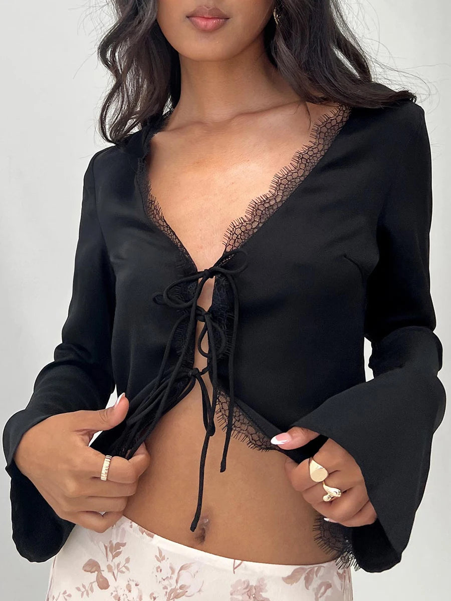 Crop Long Sleeve Lace Trim Tie Front Blouse