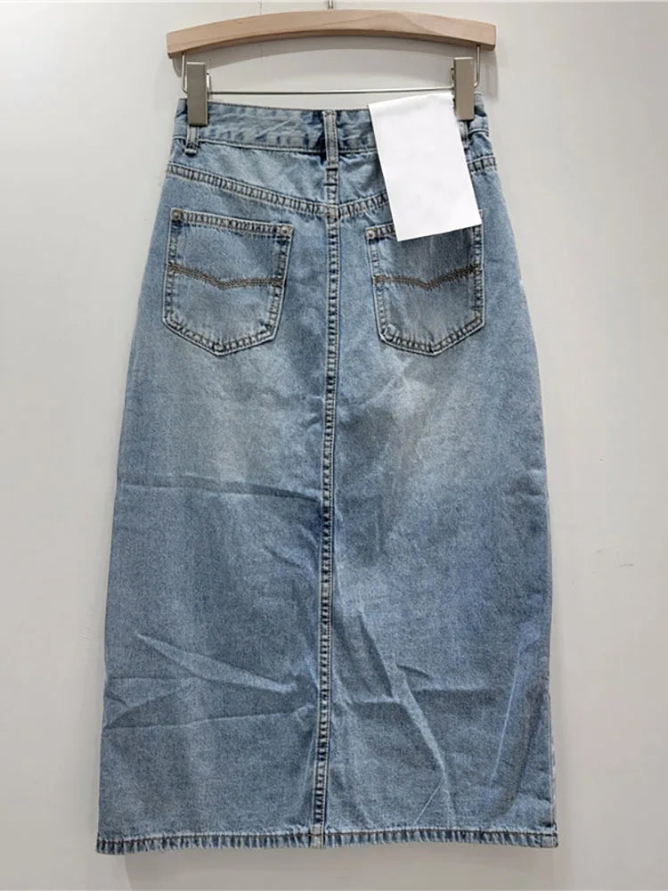 Denim Skirt High Waist Asymmetric A-line Long Skirt