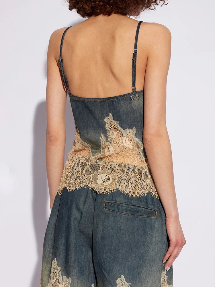 Denim Lace V-neck Embroidered Cami Top