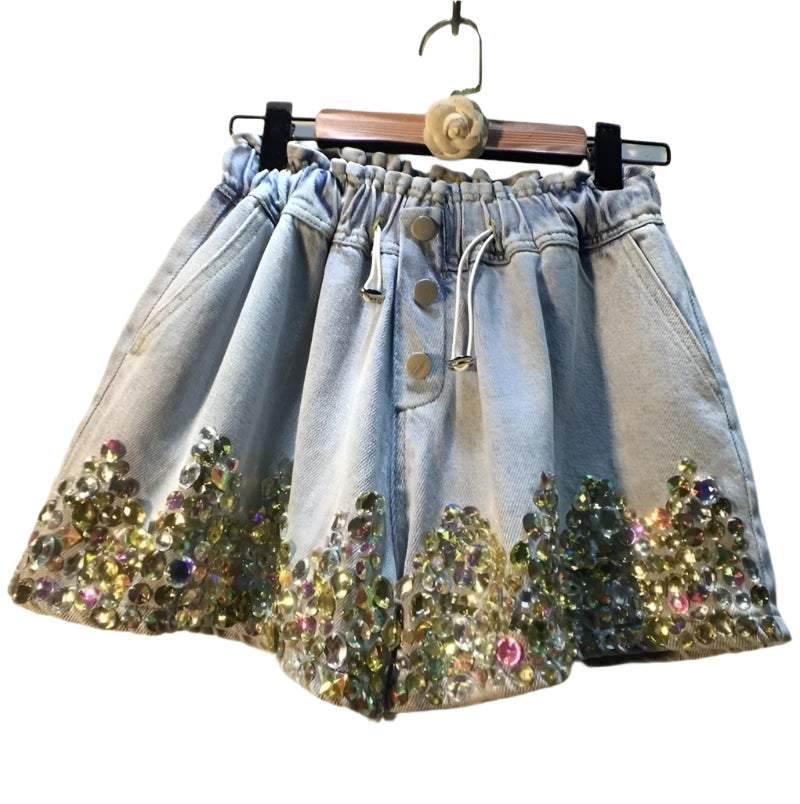 Denim Shorts Rhinestone Drawstring High Waist Wide Leg Short Jeans