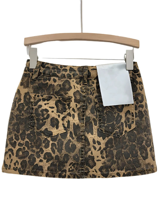 Denim Leopard Printed Pockets  A-line Mini Skirts